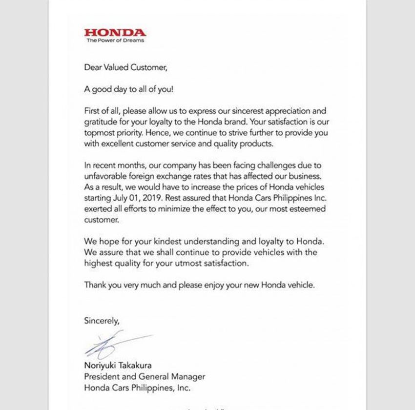 Honda Cars Price Increase Official Statement