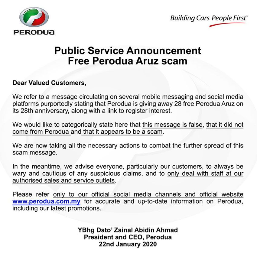Perodua public announcement - Aruz