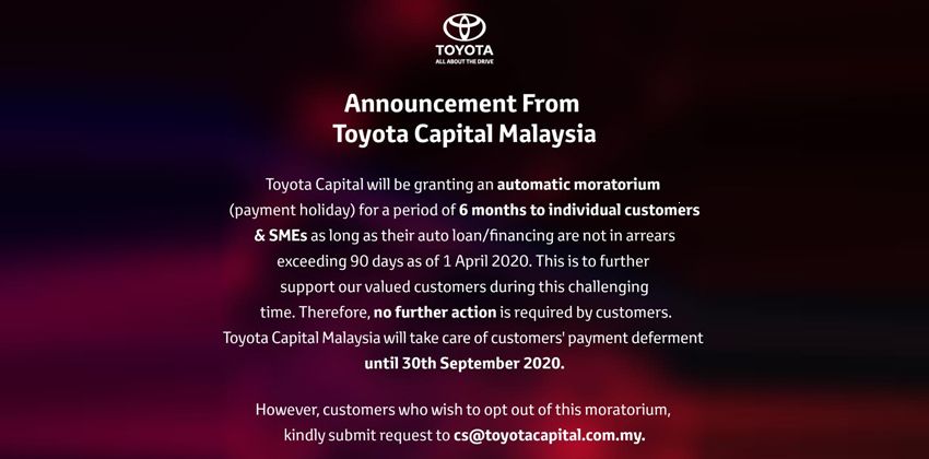 Toyota Capital Declares 6 Month Loan Payment Holiday