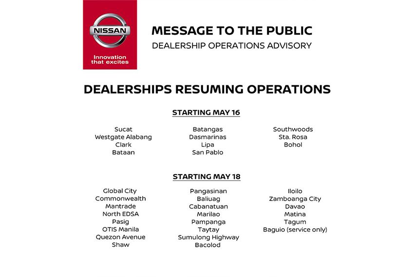 MECQ, GCQ-area dealerships open for Nissan PH