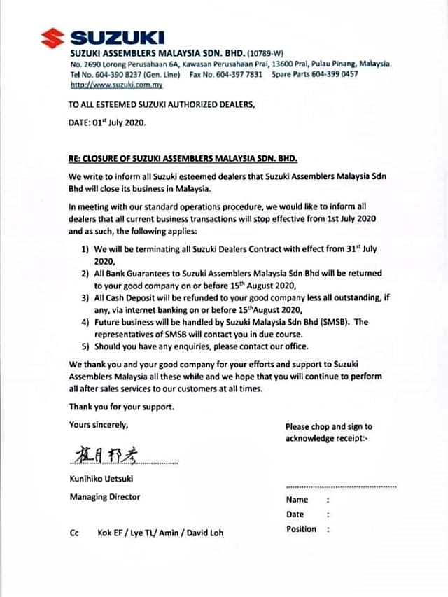 Suzuki Assemblers Malaysia resign