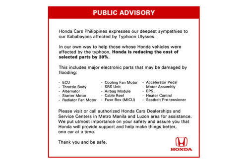 Honda Cars PH gives 30% discount on key parts in wake of Typhoon Ulysses