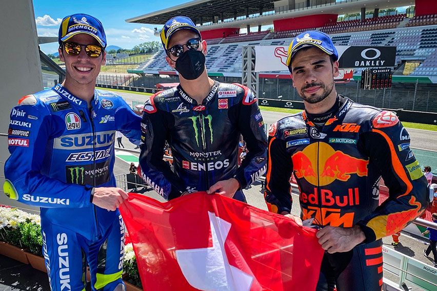 Fabio Quartarro (Monster Yamaha), Miguel Oliveira (Red Bull KTM), dan Joan Mir (Suzuki Ecstar)