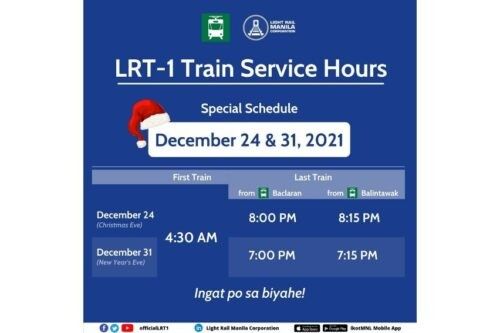 ADVISORY: LRT-1 to shorten operating hours on Dec. 24 and 31