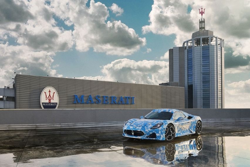 The Maserati MC20 convertible prototype is camouflaged with 'clouds'