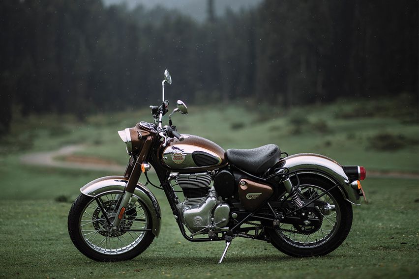Royal Enfield Classic 350 side profile in a field