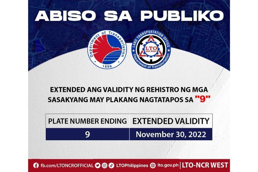 LTO extends registration validity of plates in '9' to Nov. 30 