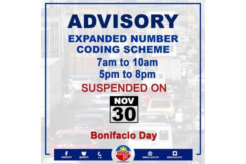 MMDA suspends number coding on Bonifacio Day, Nov. 30 