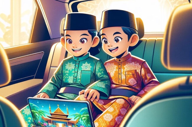 Hari raya kids watching cartoons in car