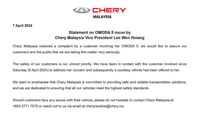 CHery Malaysia statement