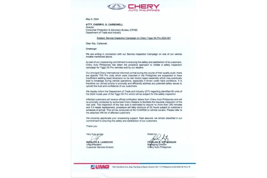 Chery Tiggo 5X Pro service campaign