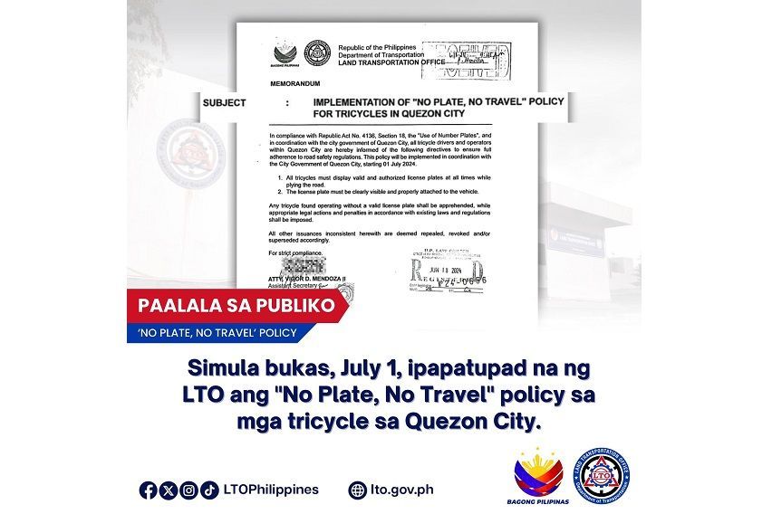 LTO rolls out ‘No Plate, No Travel’ ordinance for trikes in QC