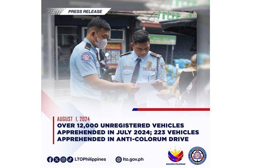 LTO nabs 12k unregistered, 223 colorum vehicles in Jul. 2024