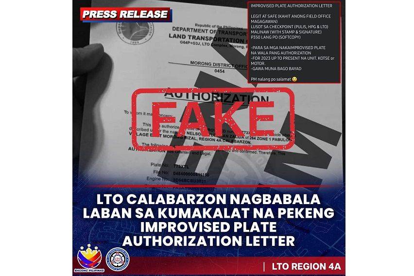 LTO warns public on fake improvised plate authorization letter