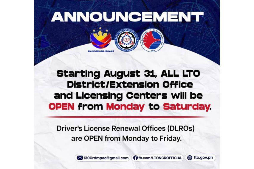 Select LTO-NCR offices to have Sat. ops starting Aug. 31