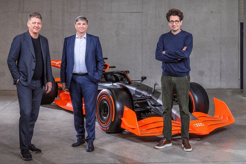 From the left: Gernot D??llner, CEO of AUDI AG and Chairman of the Board of Directors of Sauber Motorsport AG; J??rgen Rittersberger, Member of the Board of Management of AUDI AG, responsible for Finance, Legal Affairs and IT, Member of the Board of Directors of Sauber Motorsport AG and Chairman of the Shareholders' Meeting of Audi Formula Racing GmbH; Mattia Binotto, Chief Operating Officer (COO) and Chief Technical Officer (CTO) of Sauber Motorsport AG