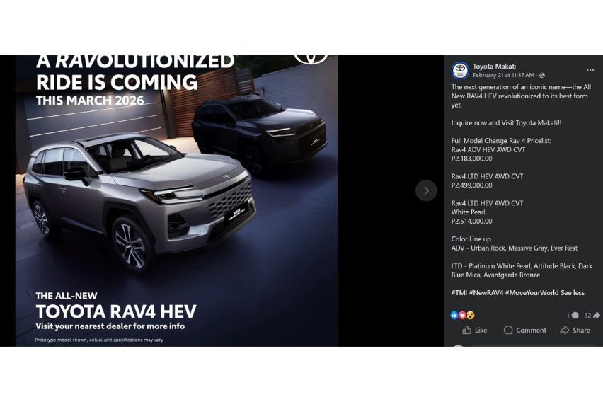 Toyota RAV4 pricing screenshot