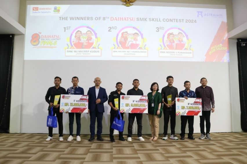 Para Juara Daihatsu National SMK Skill Contest ke-8 Tahun 2024 yang Lalu_ Juara 1 SMK NU Ma'arif Kudus, Juara 2 SMK Ma'arif NU 1 Porbolinggo, Juara 3 SMK Negeri 1 Purwosari 